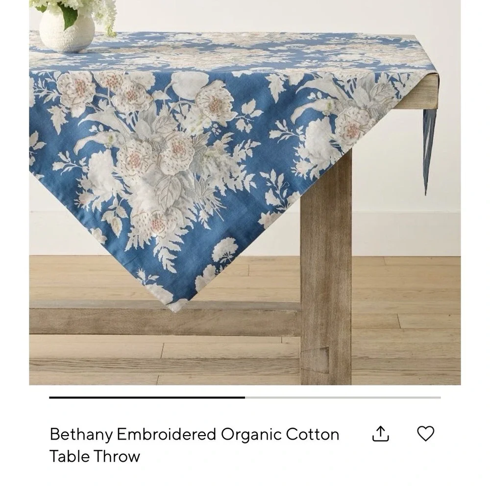 Pottery Barn Bethany Embroidered Organic Cotton Table Throw Cloth 50